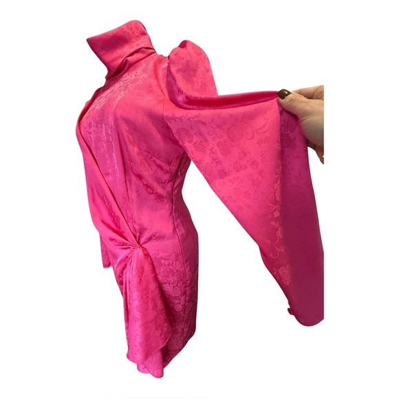 🌷Ronny Kobo Hot Pink Floral Jacquard Draped Mini Dress Turtleneck Long Sleeve M - Picture 4 of 13